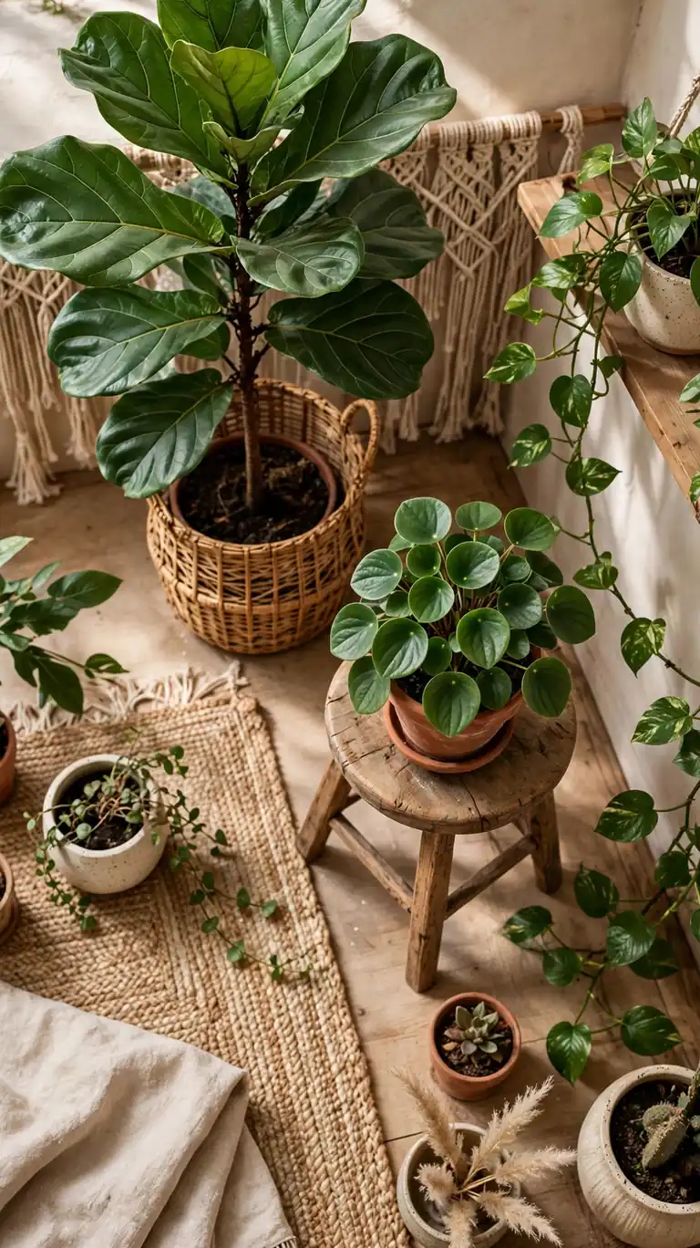 Corner of a boho living room filled with a cluster of houseplants at different heights.
