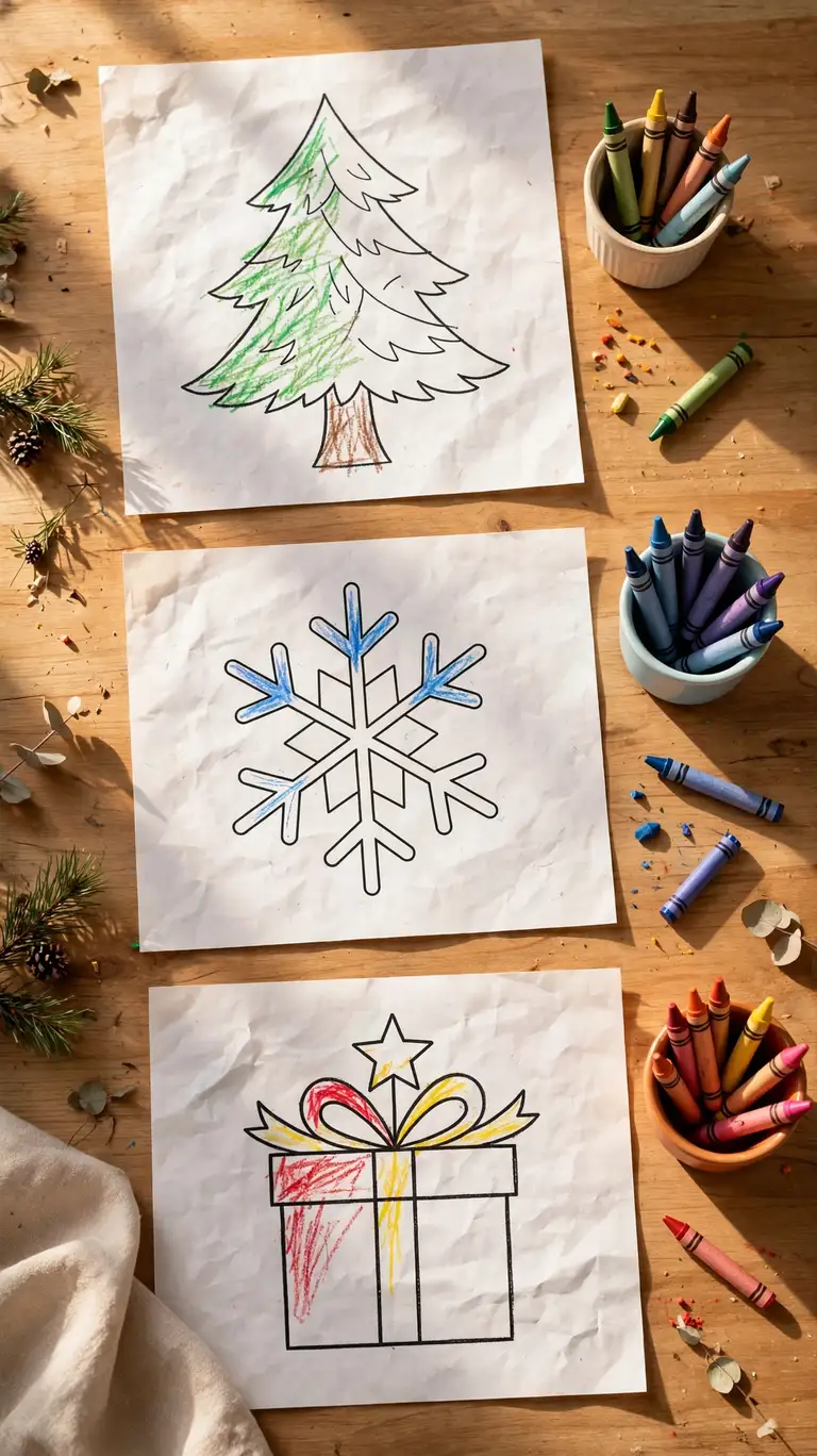 Holiday coloring placemats with crayon cups at a kids table