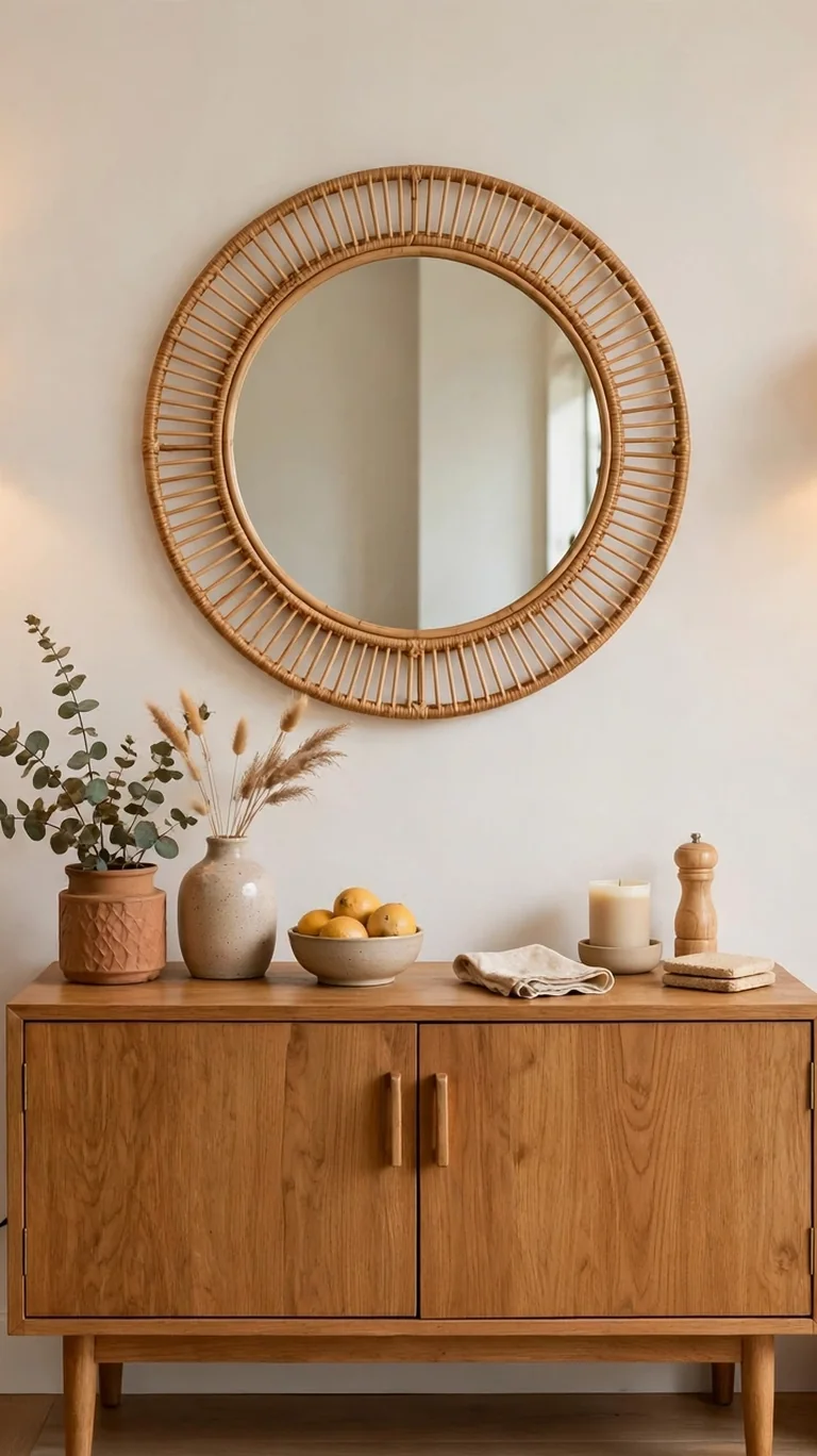 Two plug-in wall sconces mounted with adhesive strips flanking a round mirror in a dining corner