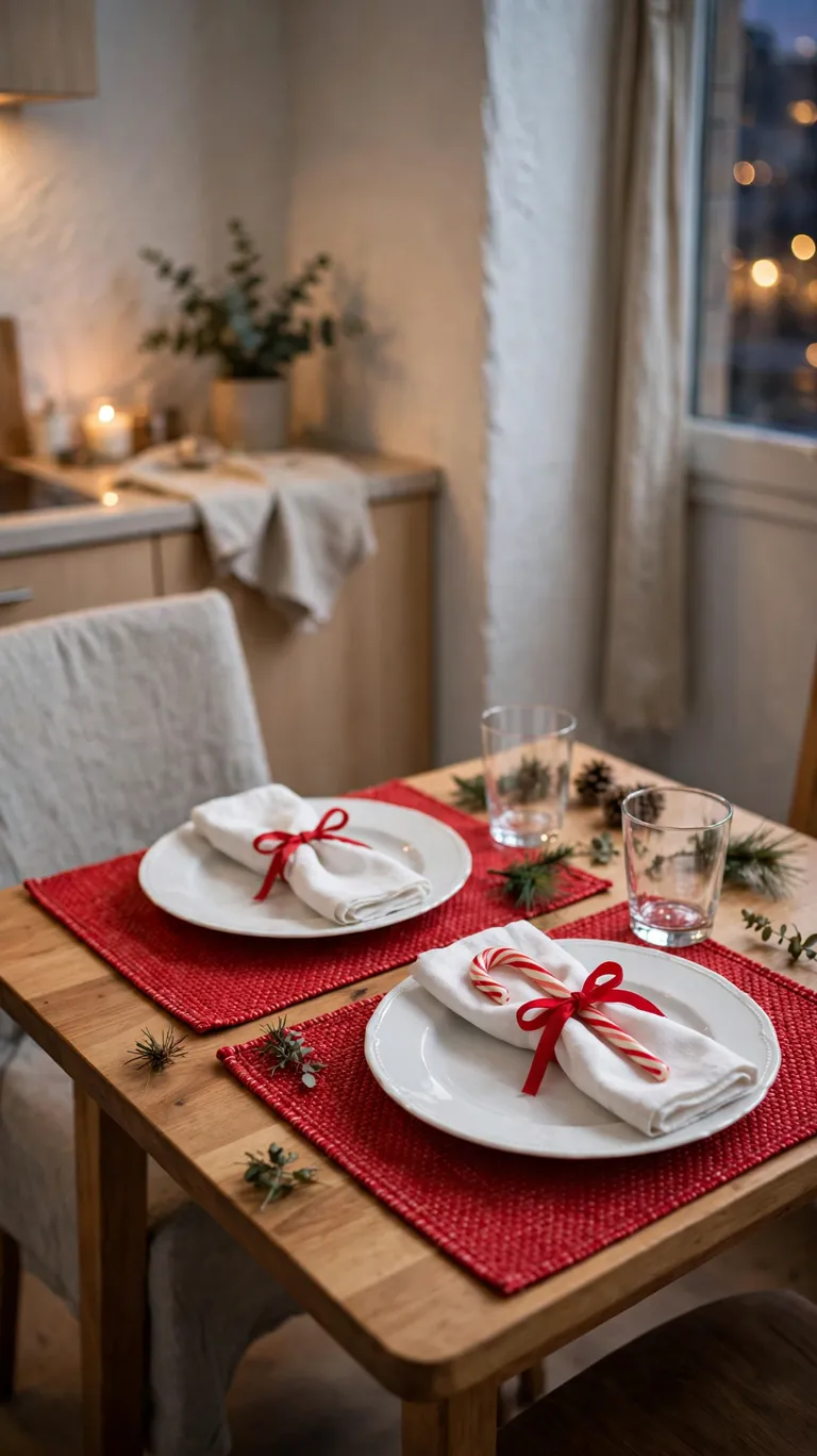 20 Beautiful Christmas Table Settings for Small Dining Spaces 6 Classic red and white Christmas place settings with ribbon-tied napkins on a small table