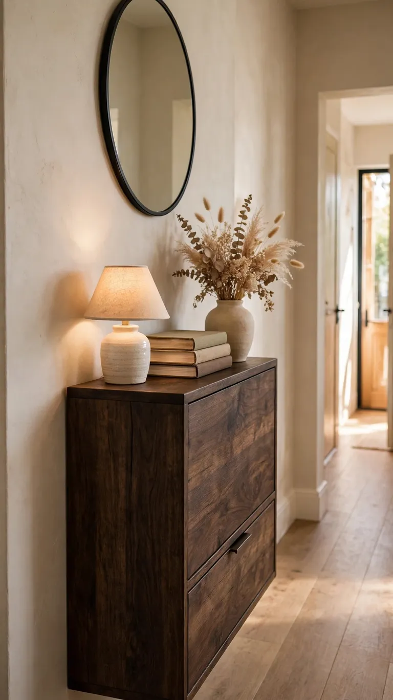 A slim wooden console table styled with a lamp and books in a hallway.