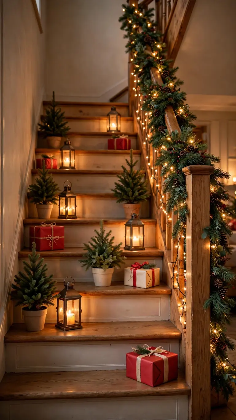 24 Festive Christmas Mantel Alternatives for Homes Without a Fireplace 6 Wooden staircase steps decorated for Christmas with potted trees, lanterns, gift boxes, and banister garland