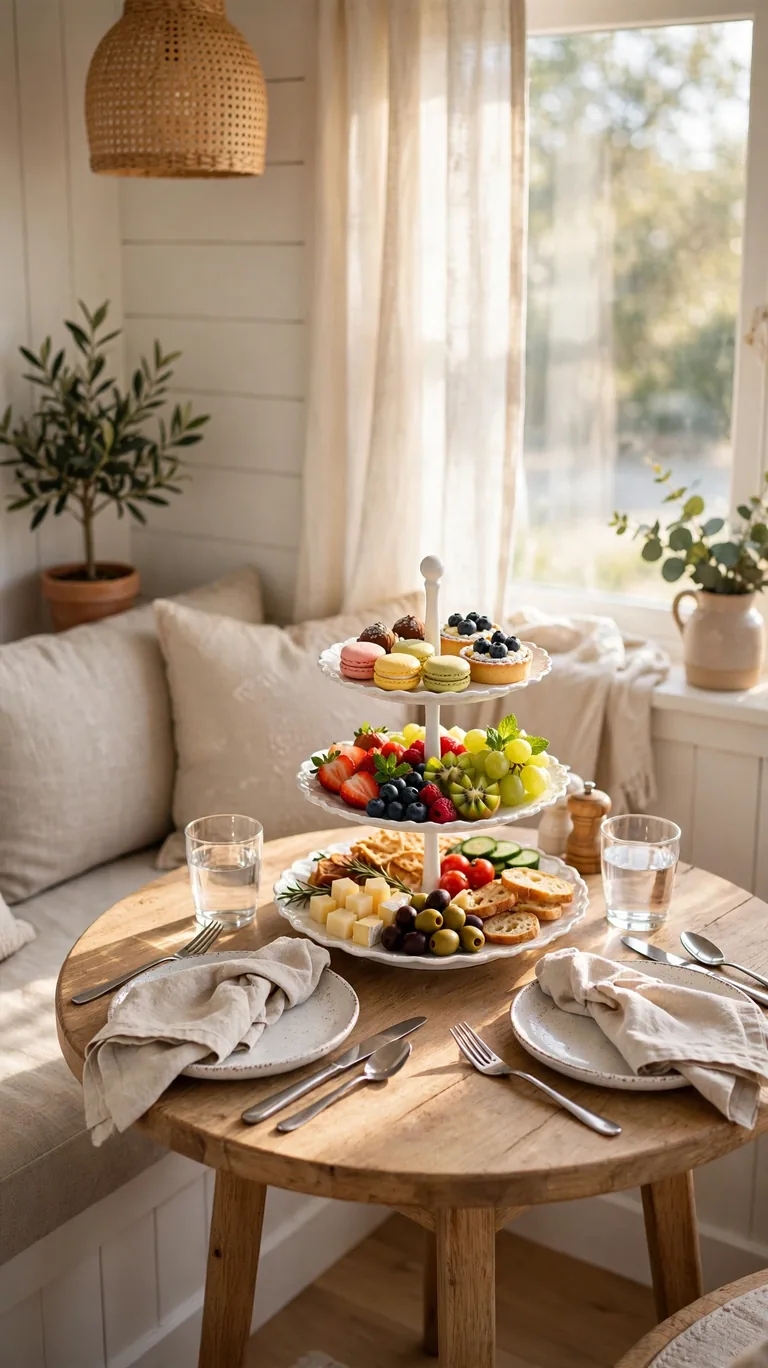 Three tiered tray centerpiece on a small dining table filled with appetizers, fruit and desserts