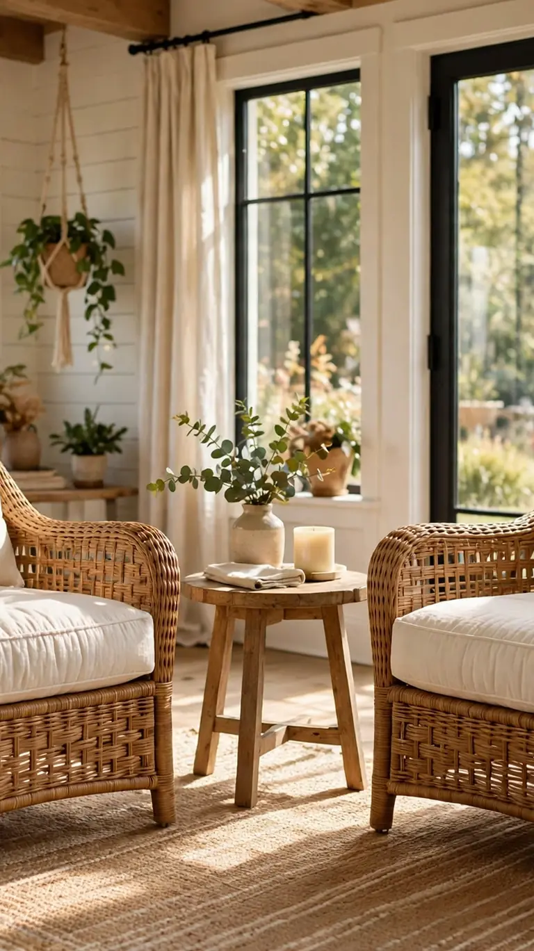 Pair of woven rattan armchairs with thick cream cushions arranged around a small side table in a bright sunroom.
