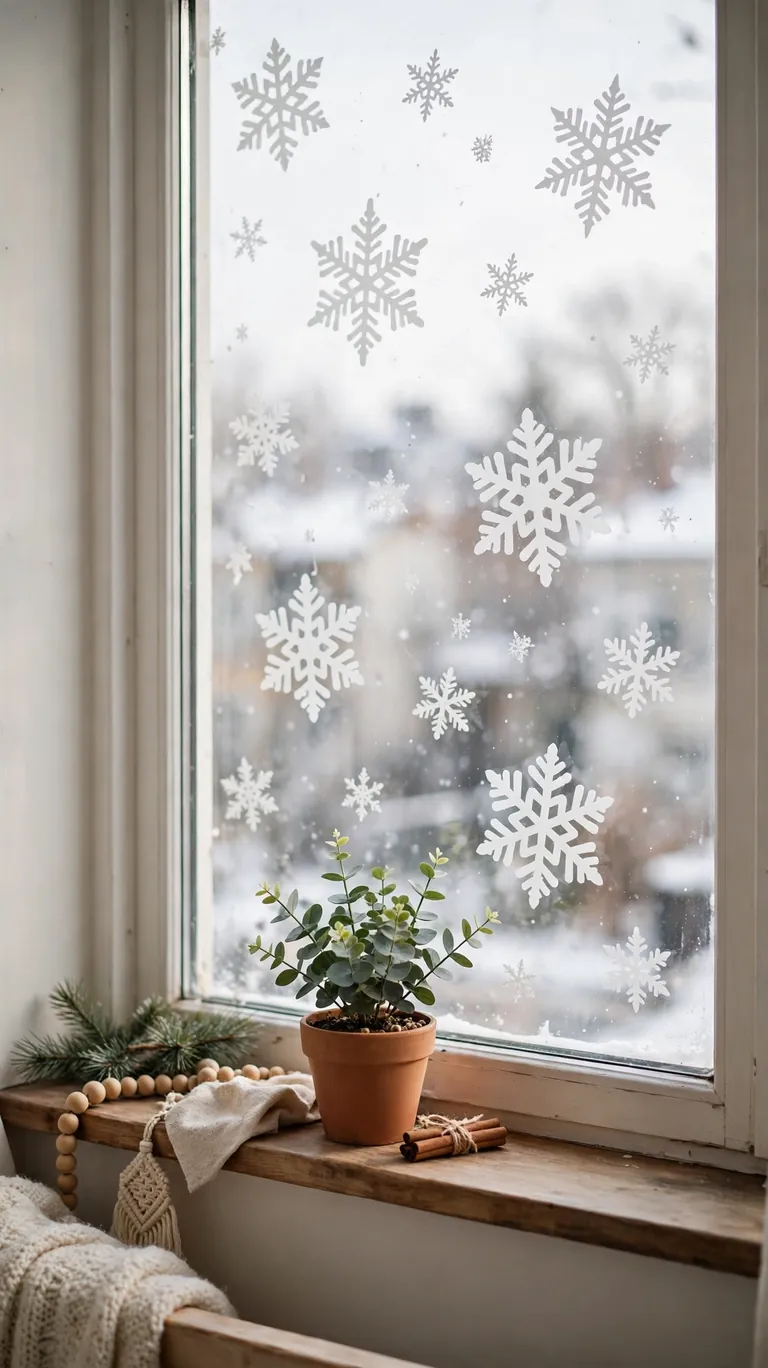 Static cling snowflake decals on a bright apartment window