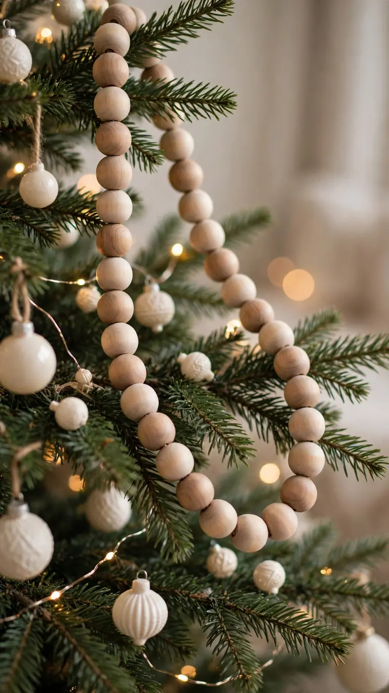 15 Neutral Christmas Decor Ideas for a Calm, Minimalist Home 6 Natural wood bead garland draped over a Christmas tree branch with cream ornaments