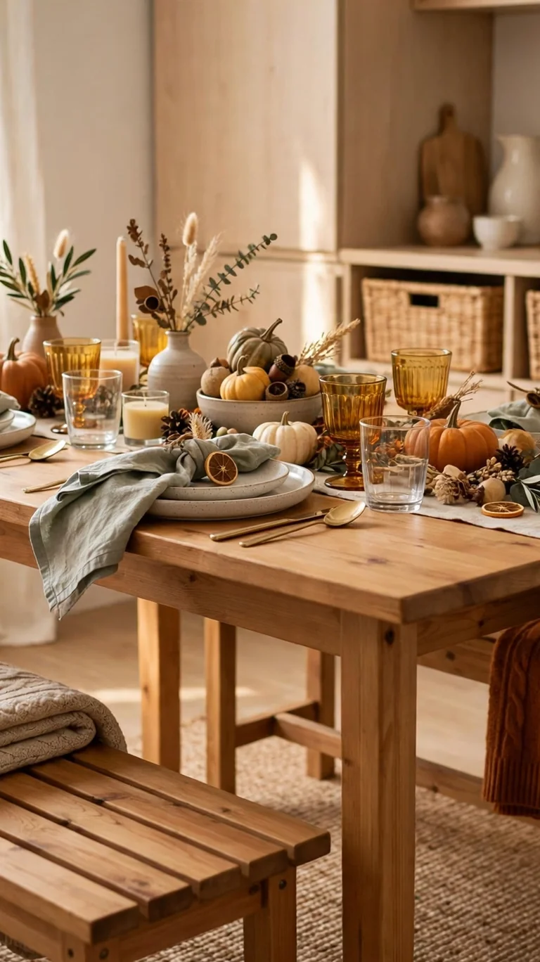 Backless benches with throw blankets around a small Thanksgiving table