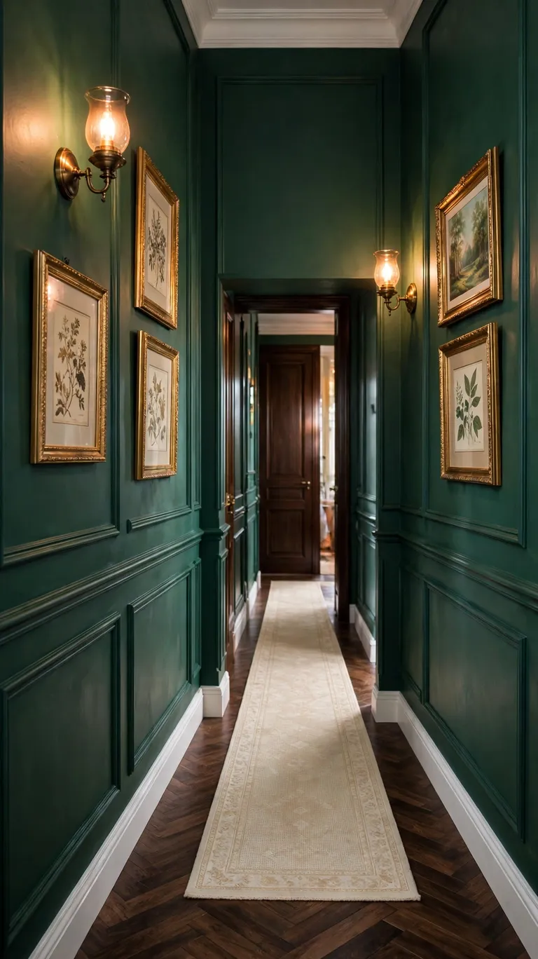 A hallway painted in deep forest green with brass sconces and framed art.