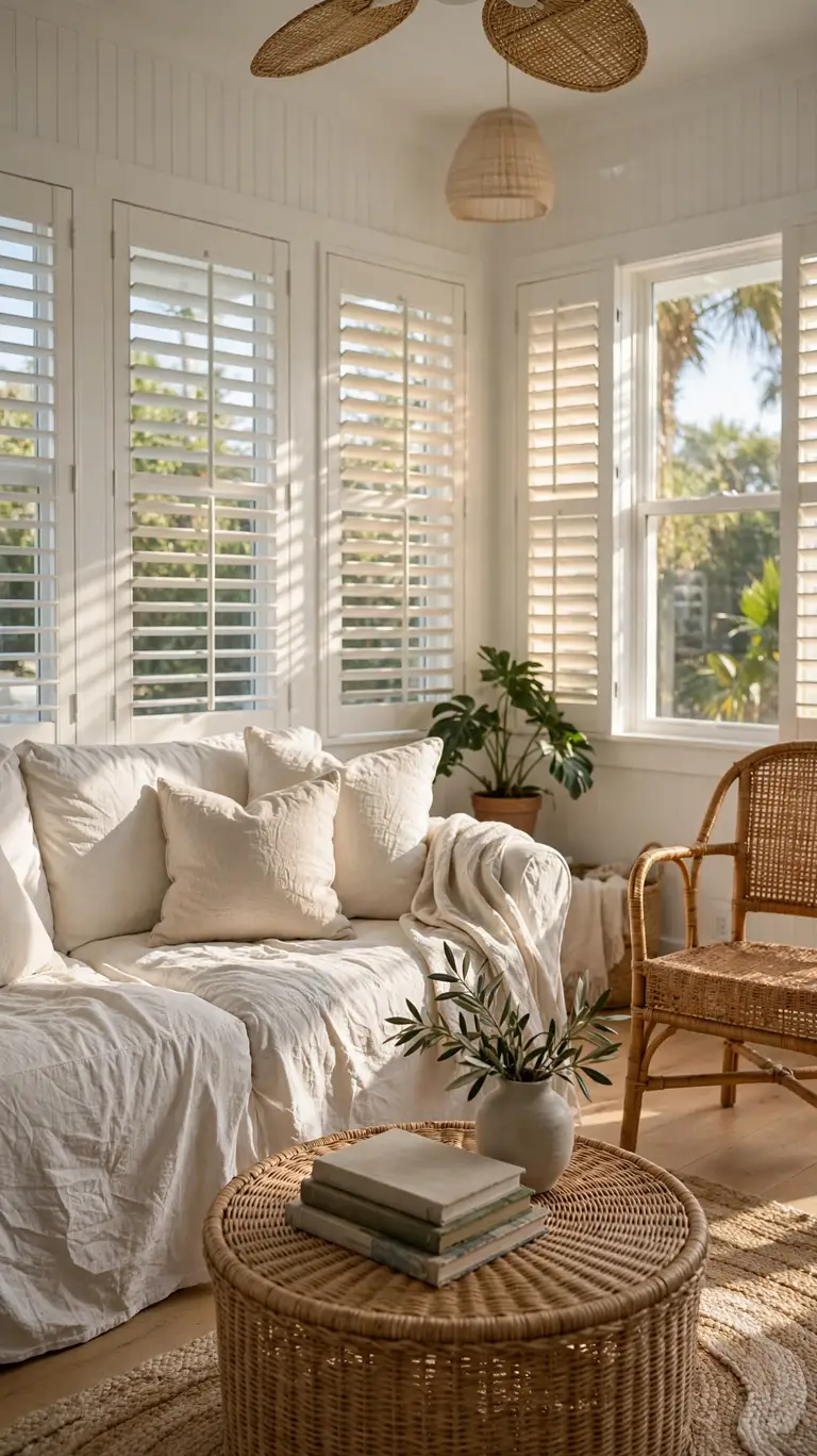 A washed linen slipcovered sofa in pale oatmeal in a bright, relaxed Florida bungalow living room.