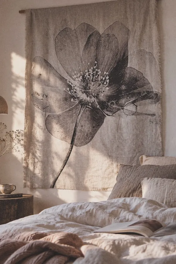 18 Above Bed Decor Ideas to Make Your Bedroom Feel Cozy and Stylish 7 Drape a Fabric Wall Hanging for Soft Texture