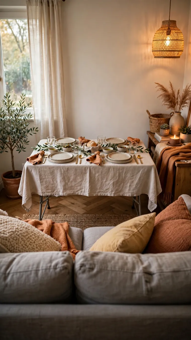 Narrow folding table set behind a sofa for extra Thanksgiving seating