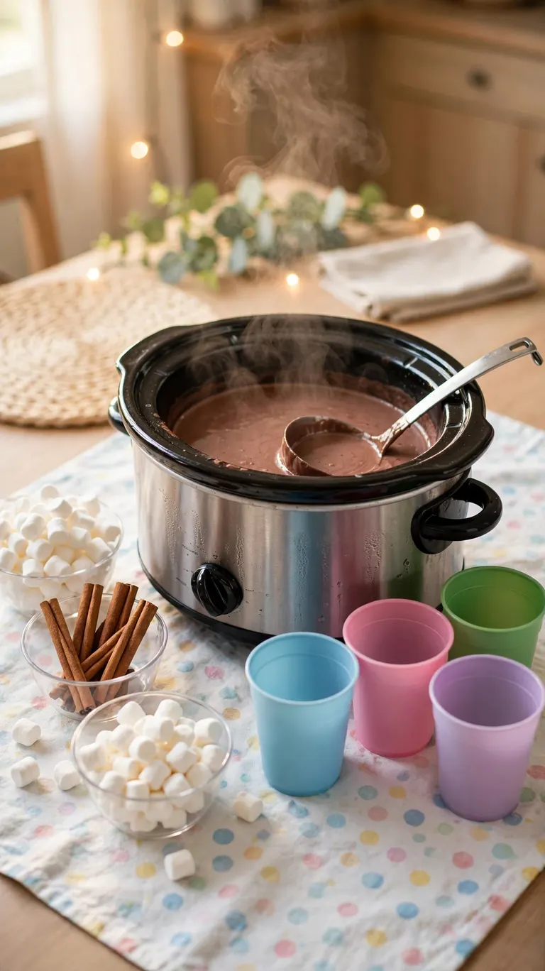 Kids hot chocolate station with marshmallows and plastic mugs