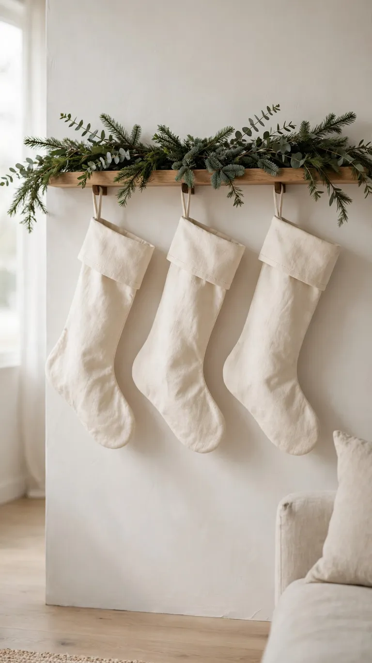 Three matching cream linen stockings hung in a row from a simple mantel.