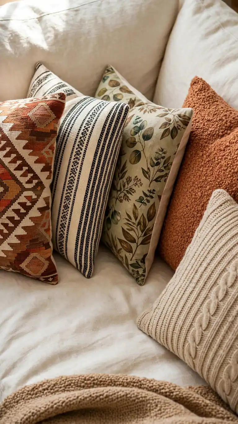 Sofa styled with a mix of patterned boho throw pillows in warm tones.