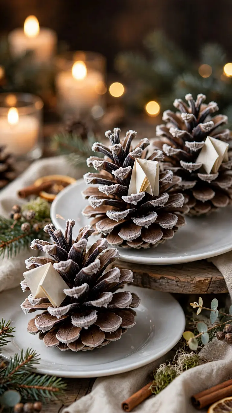 20 Beautiful Christmas Table Settings for Small Dining Spaces 7 Pinecones holding folded name cards as place card holders on a festive small table