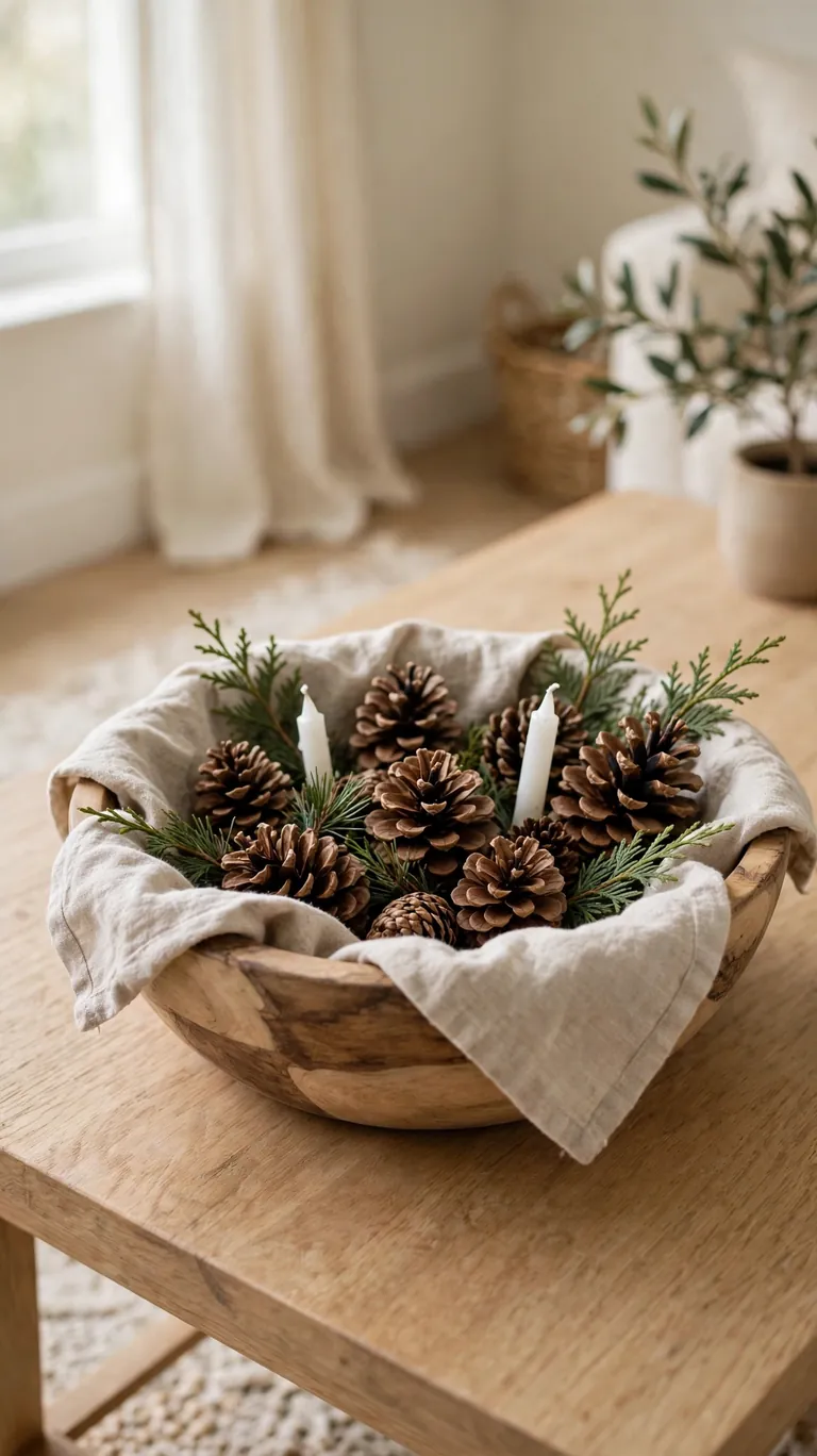 15 Neutral Christmas Decor Ideas for a Calm, Minimalist Home 7 Pinecones arranged in a linen lined wooden bowl on a coffee table