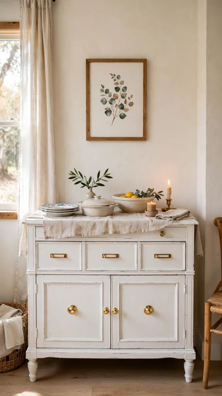 Vintage dresser repurposed as a dining room sideboard with serving dishes and stacked plates on top