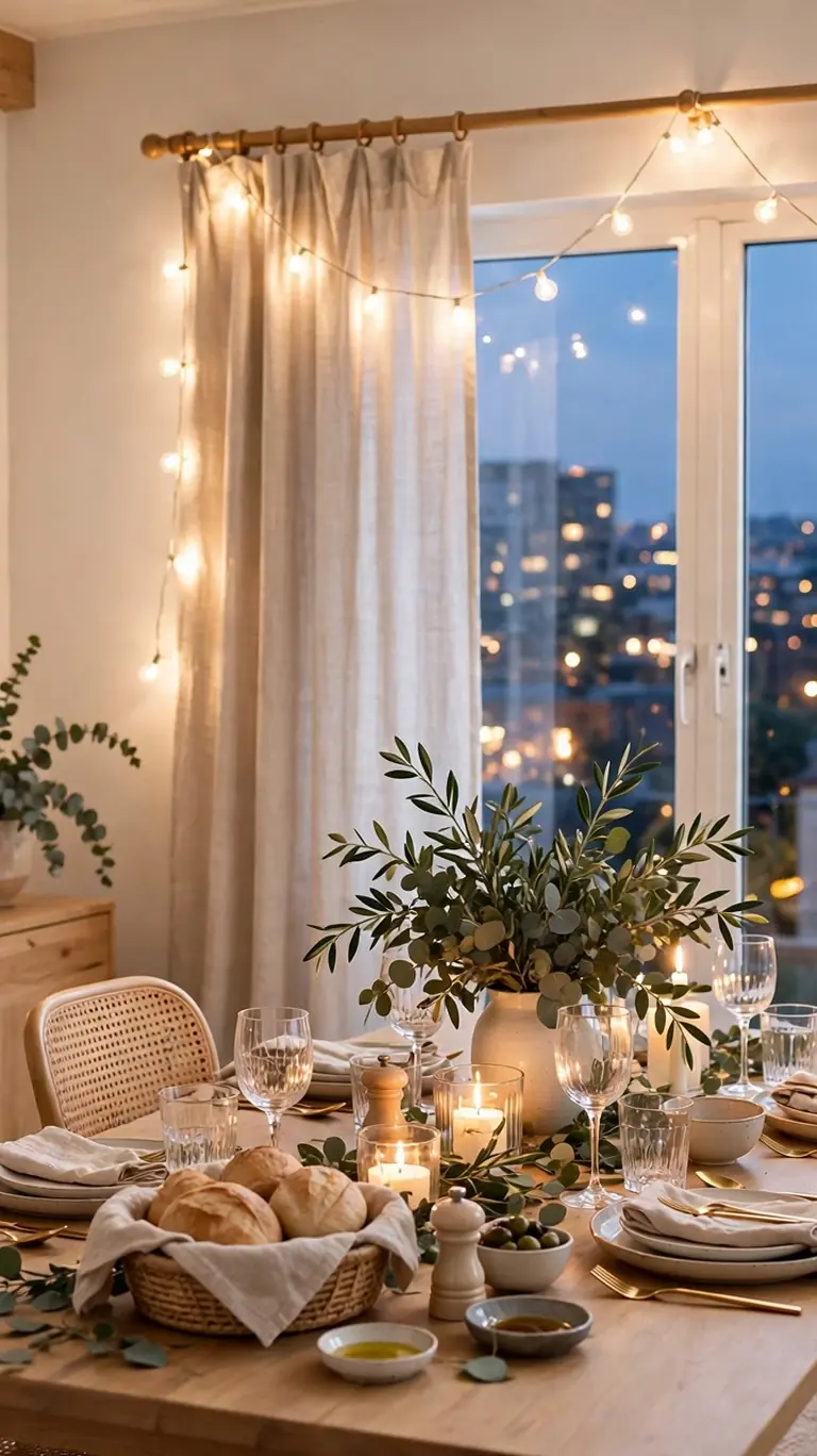 Warm white string lights draped over a curtain rod behind a dining table as a glowing backdrop