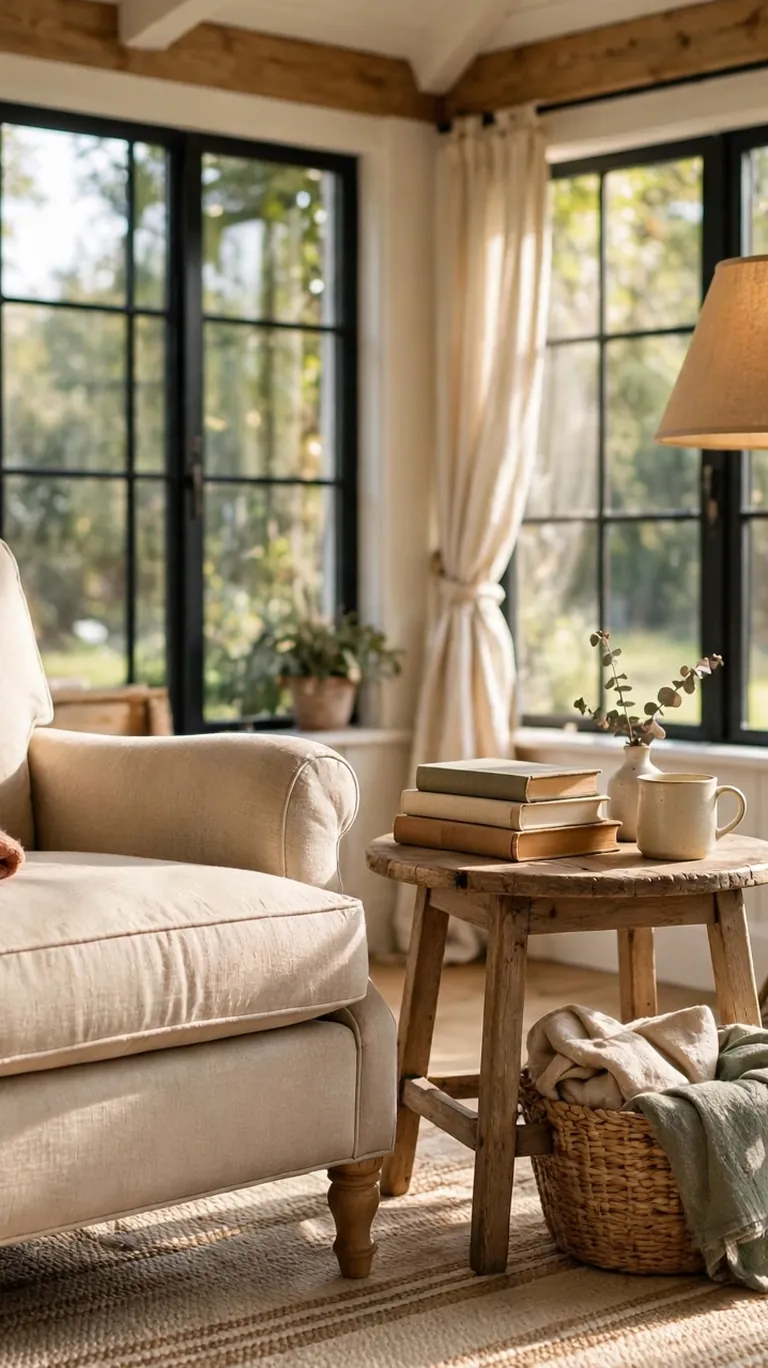 Cozy sunroom reading nook with an upholstered armchair, floor lamp, small side table with books, and a folded throw.