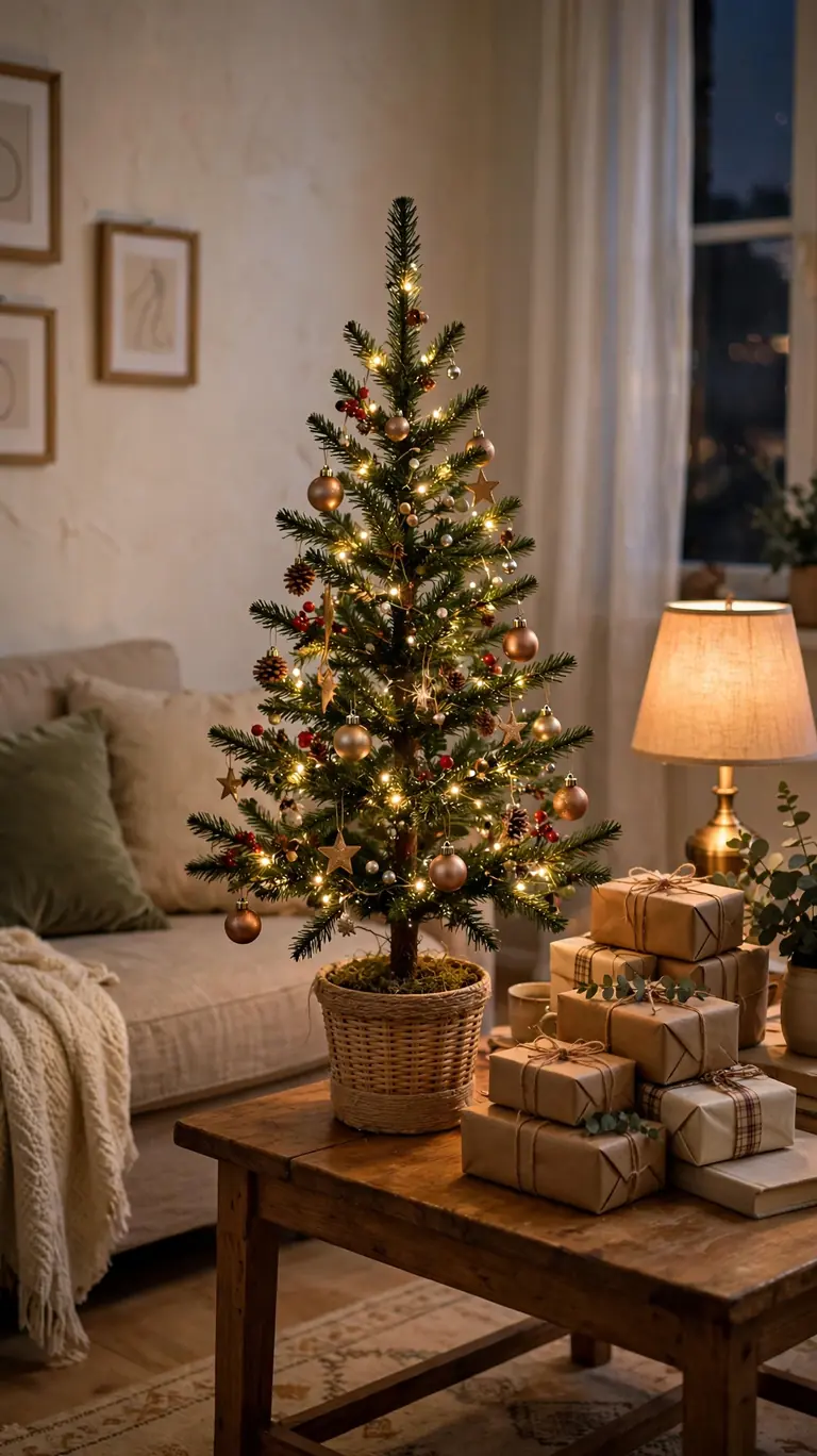 Small decorated tabletop Christmas tree on a wooden side table