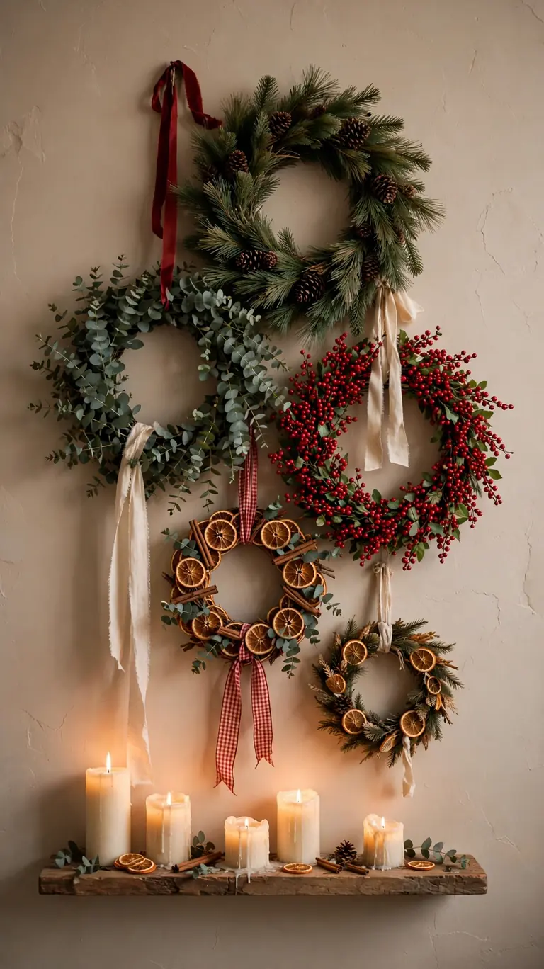 24 Festive Christmas Mantel Alternatives for Homes Without a Fireplace 7 A cluster of Christmas wreaths in different sizes hung on a wall with varied ribbons above a small candle ledge