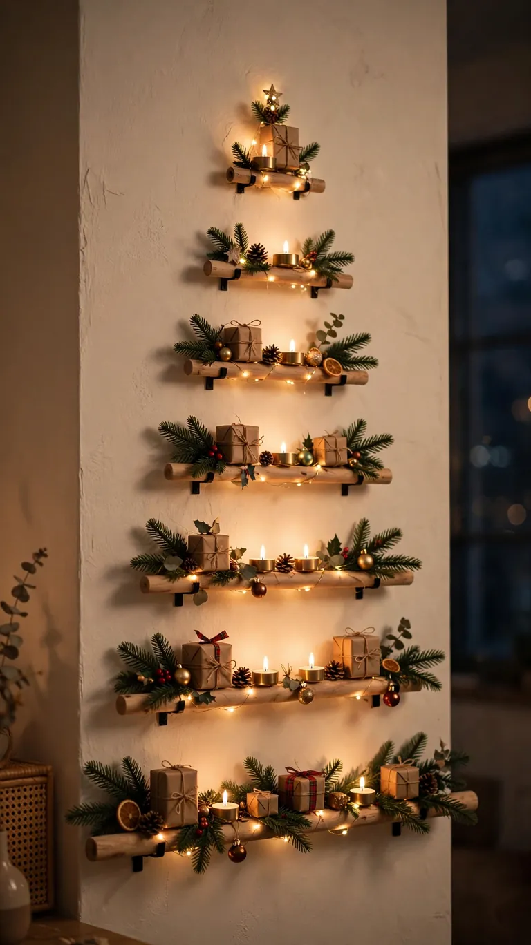 Wall mounted wooden dowel tree shelves styled with candles, sprigs, and fairy lights