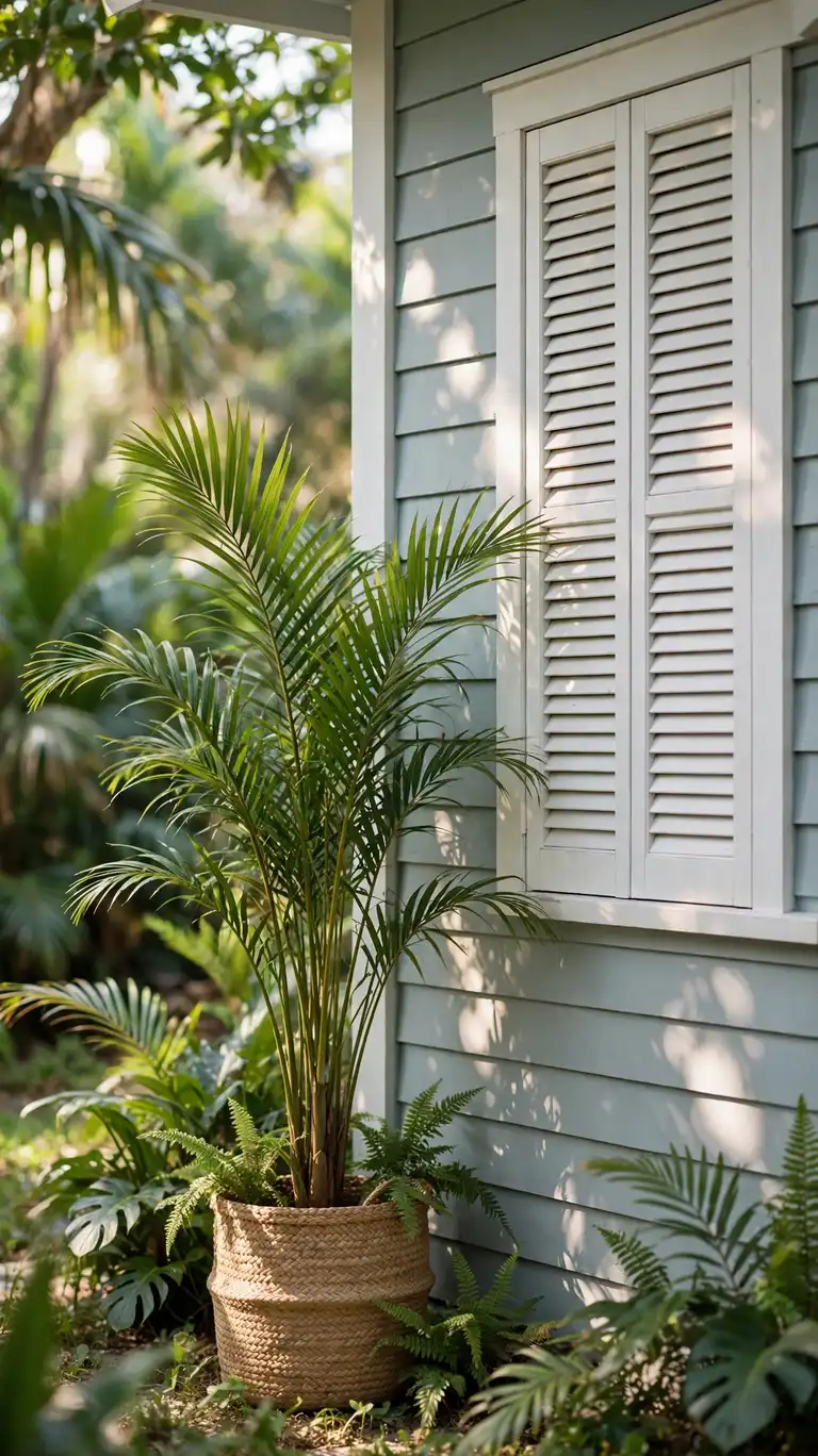 Tropical houseplants and a potted palm grouped in woven baskets beside a bungalow window.