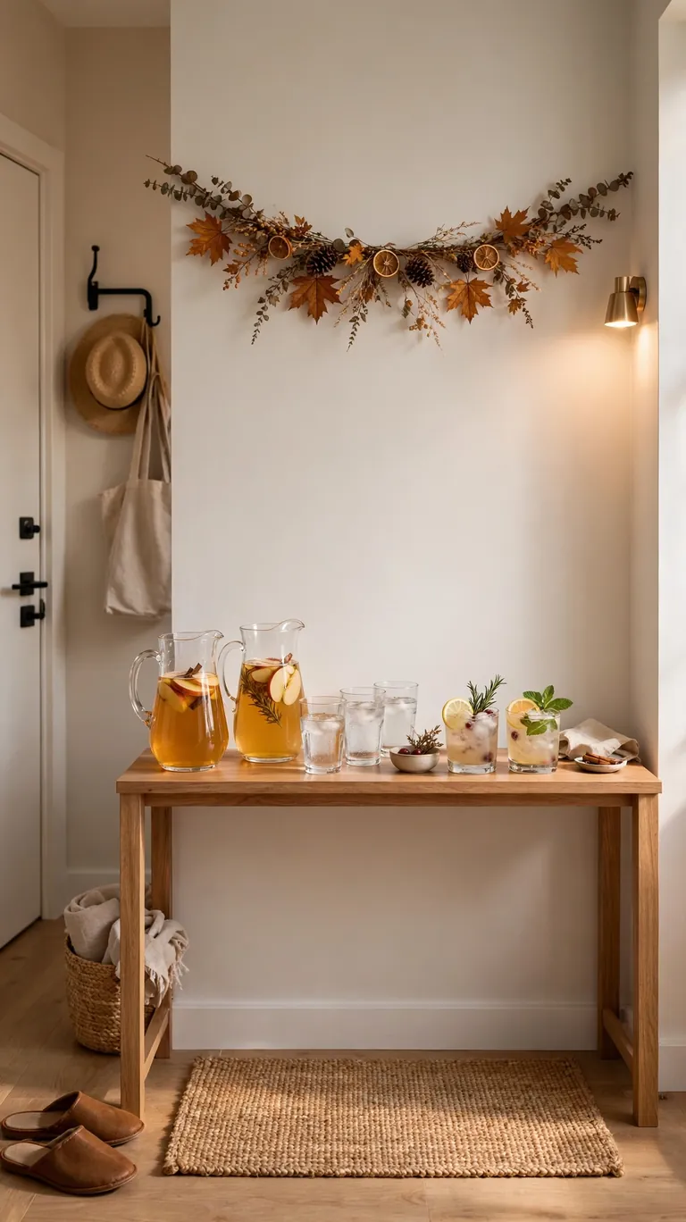 Slim entryway console styled as a Thanksgiving welcome drink station
