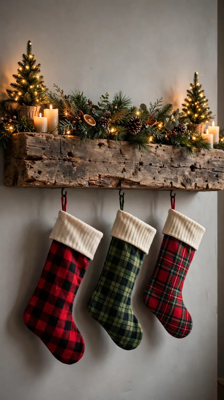 24 Festive Christmas Mantel Alternatives for Homes Without a Fireplace 8 A chunky wooden beam mounted on a wall styled like a mantel with stockings underneath and garland on top