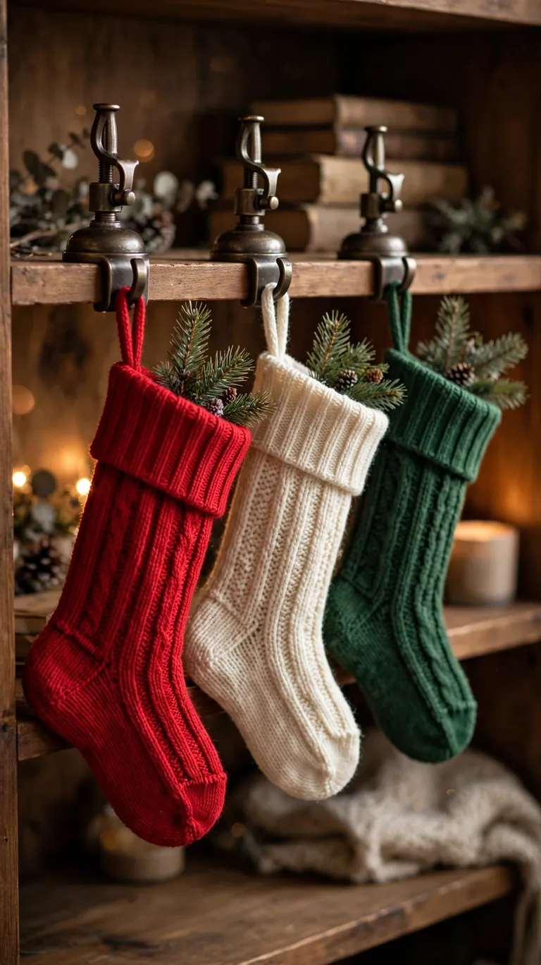 Christmas stockings hanging from weighted holders on a shelf