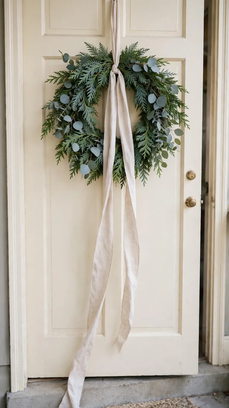 15 Neutral Christmas Decor Ideas for a Calm, Minimalist Home 8 Simple all greenery Christmas wreath with linen ribbon hanging on a front door