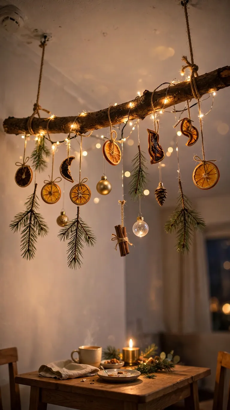 Suspended tree branch chandelier with hanging ornaments and dried orange slices