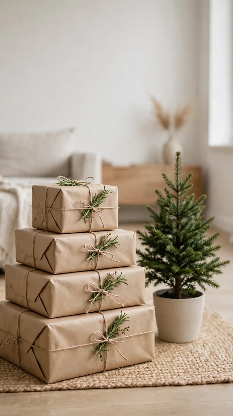 Christmas gifts wrapped in brown kraft paper with twine and rosemary sprigs.