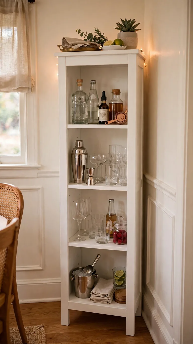 Tall narrow bookcase in a dining room corner styled as a drink station with glassware and bottles
