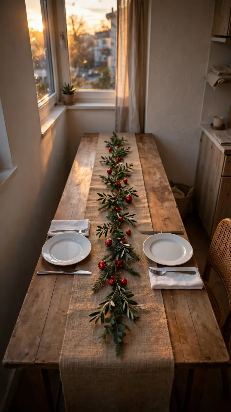 20 Beautiful Christmas Table Settings for Small Dining Spaces 8 Slim burlap table runner with a thin line of greenery on a narrow Christmas dining table