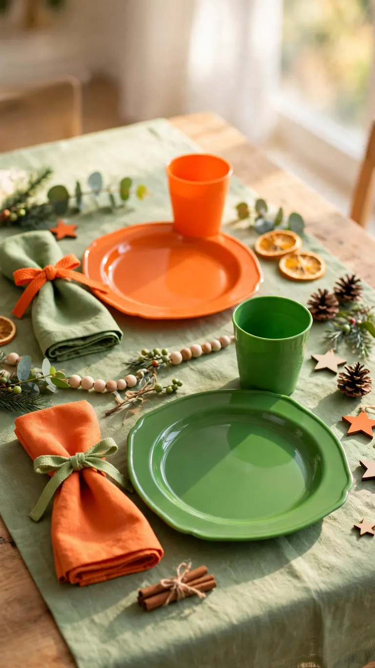 Color-coordinated kids table with melamine plates and plastic cups