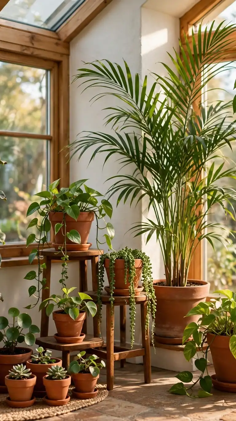 Lush indoor plant corner in a sunroom with tall leafy plants, trailing pothos, and terracotta pots at varying heights.