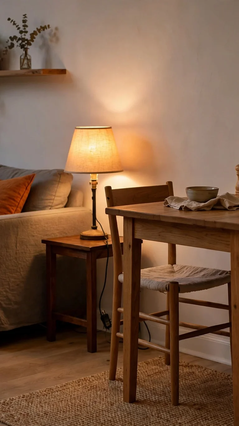 Table lamp with a warm shade dimmed low next to a dining area, plug-in dimmer on the cord
