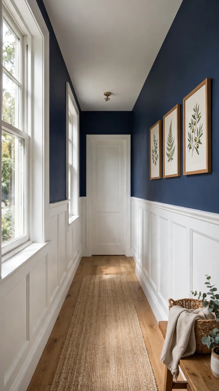 A hallway with white wainscoting panels and a navy painted upper wall.
