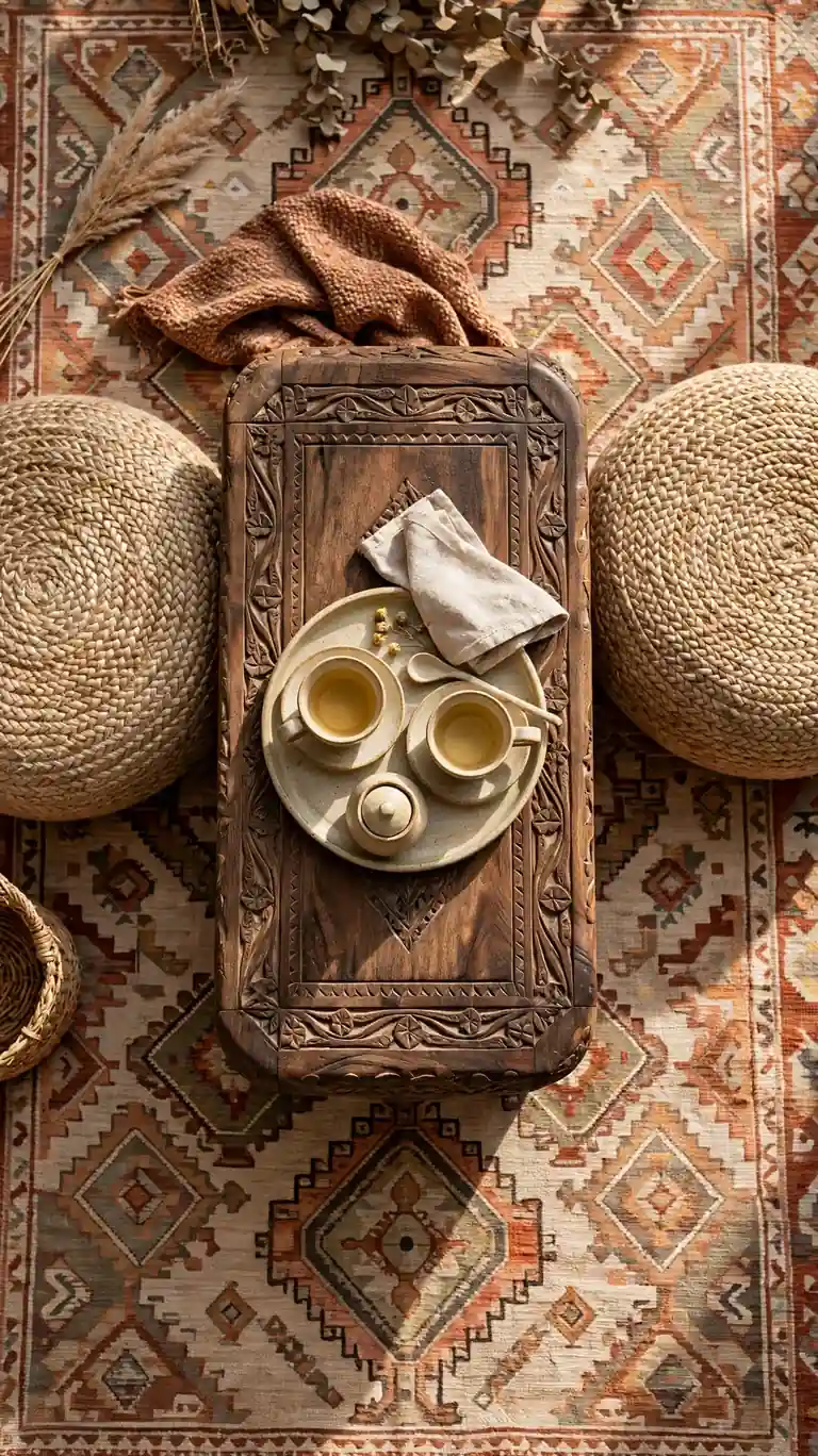 Round woven jute poufs tucked beside a wooden coffee table in a boho living room.