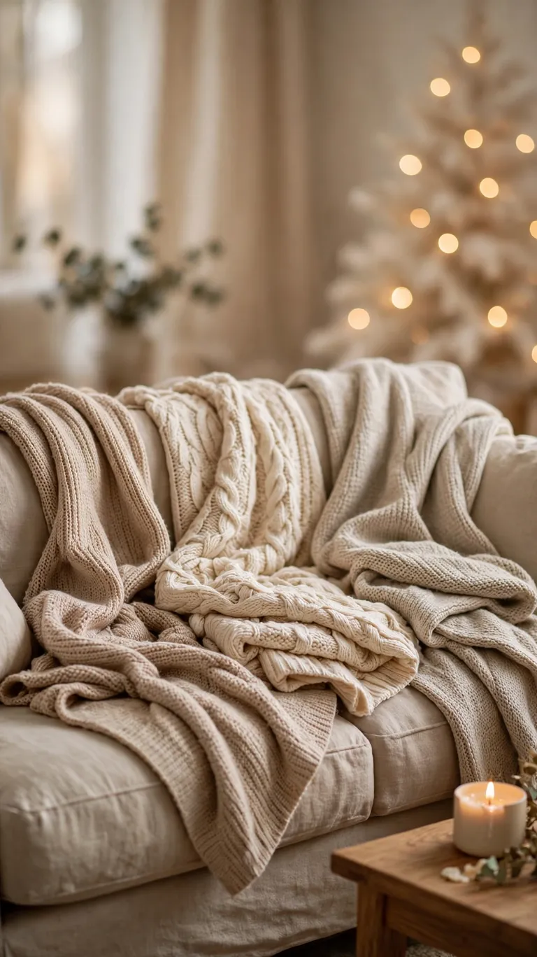 15 Neutral Christmas Decor Ideas for a Calm, Minimalist Home 9 Beige and cream knitted throw blankets layered on a neutral sofa