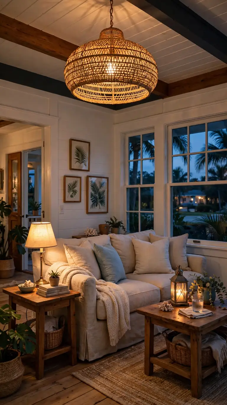 A bungalow living room at dusk lit by a woven rattan pendant, lanterns, and warm table lamps.