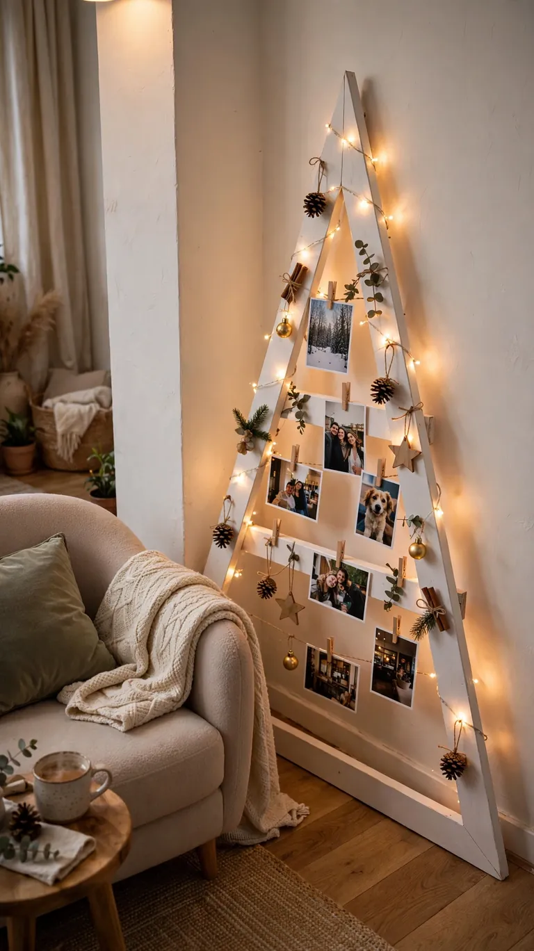 Wooden triangle tree frame in an apartment corner with lights and pinecones