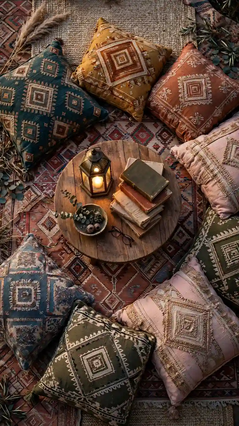 Low lounge area with large floor cushions arranged around a low table in a boho living room.