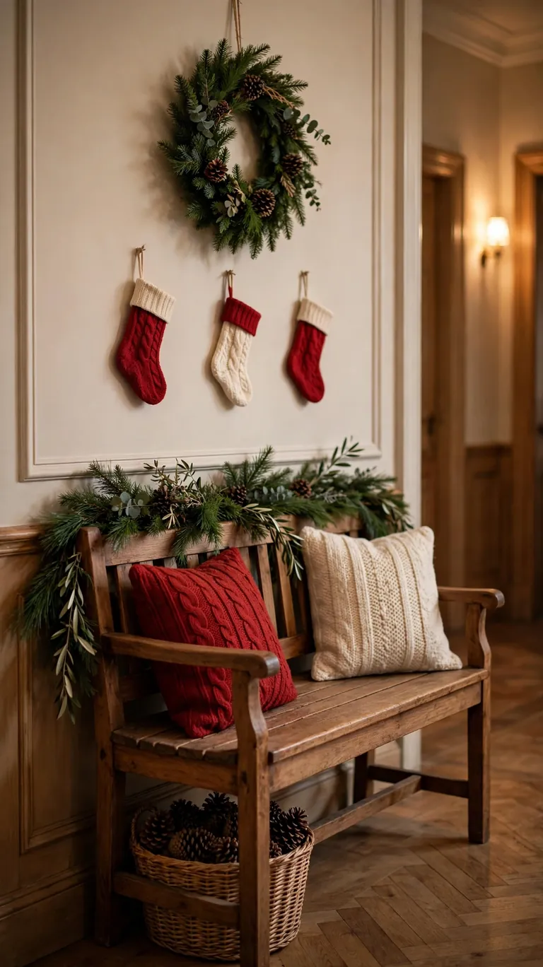 24 Festive Christmas Mantel Alternatives for Homes Without a Fireplace 9 A hallway bench styled for Christmas with a greenery runner, holiday pillows, and stockings hung on the wall behind