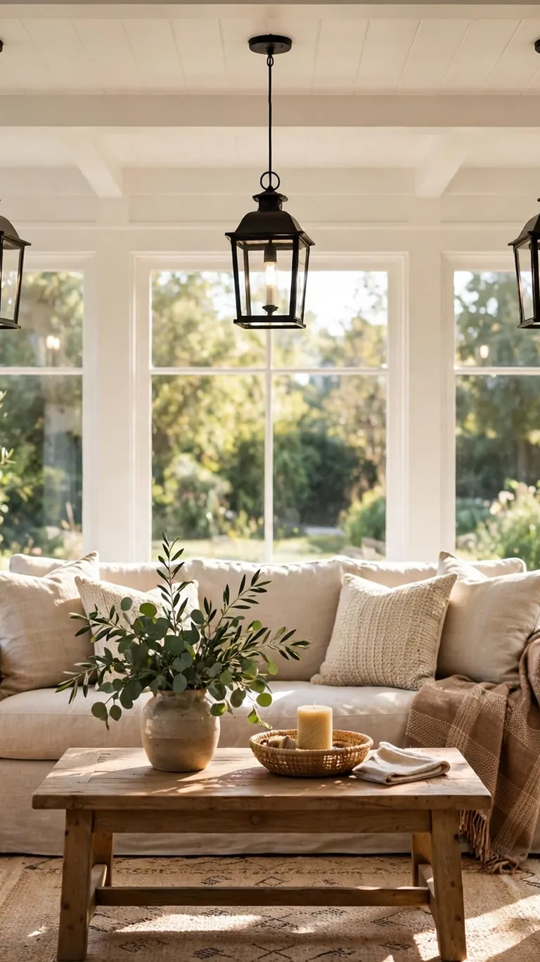 Black metal lantern-style pendant lights hanging from a white sunroom ceiling over a seating area.