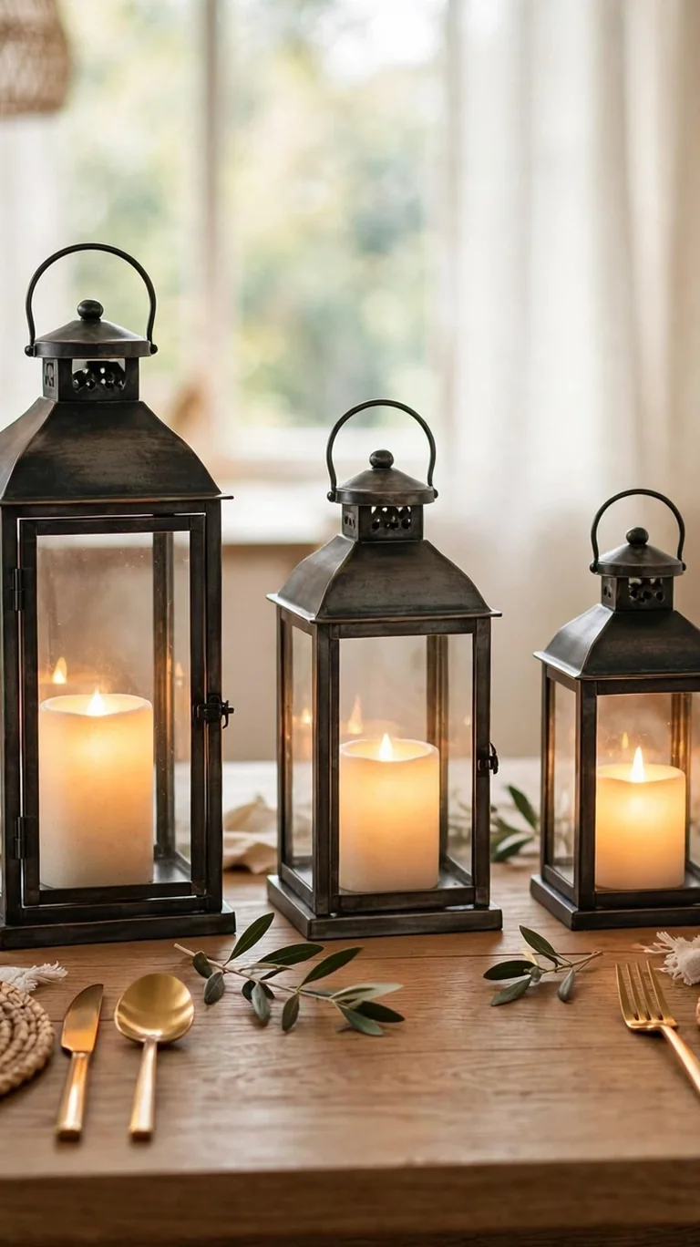 Three metal and glass lanterns with glowing LED candles lined down the center of a dining table
