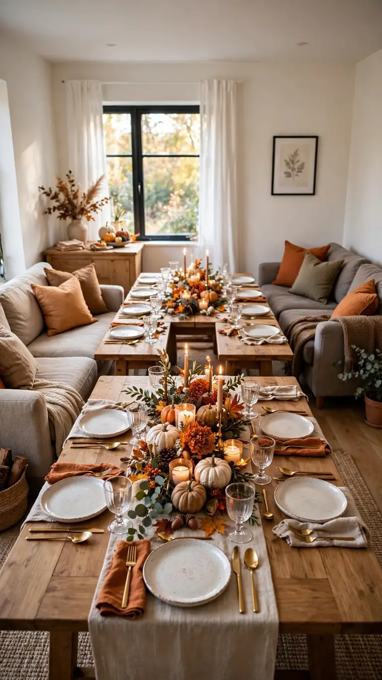 Small living room fully converted into a U-shaped Thanksgiving dining hall