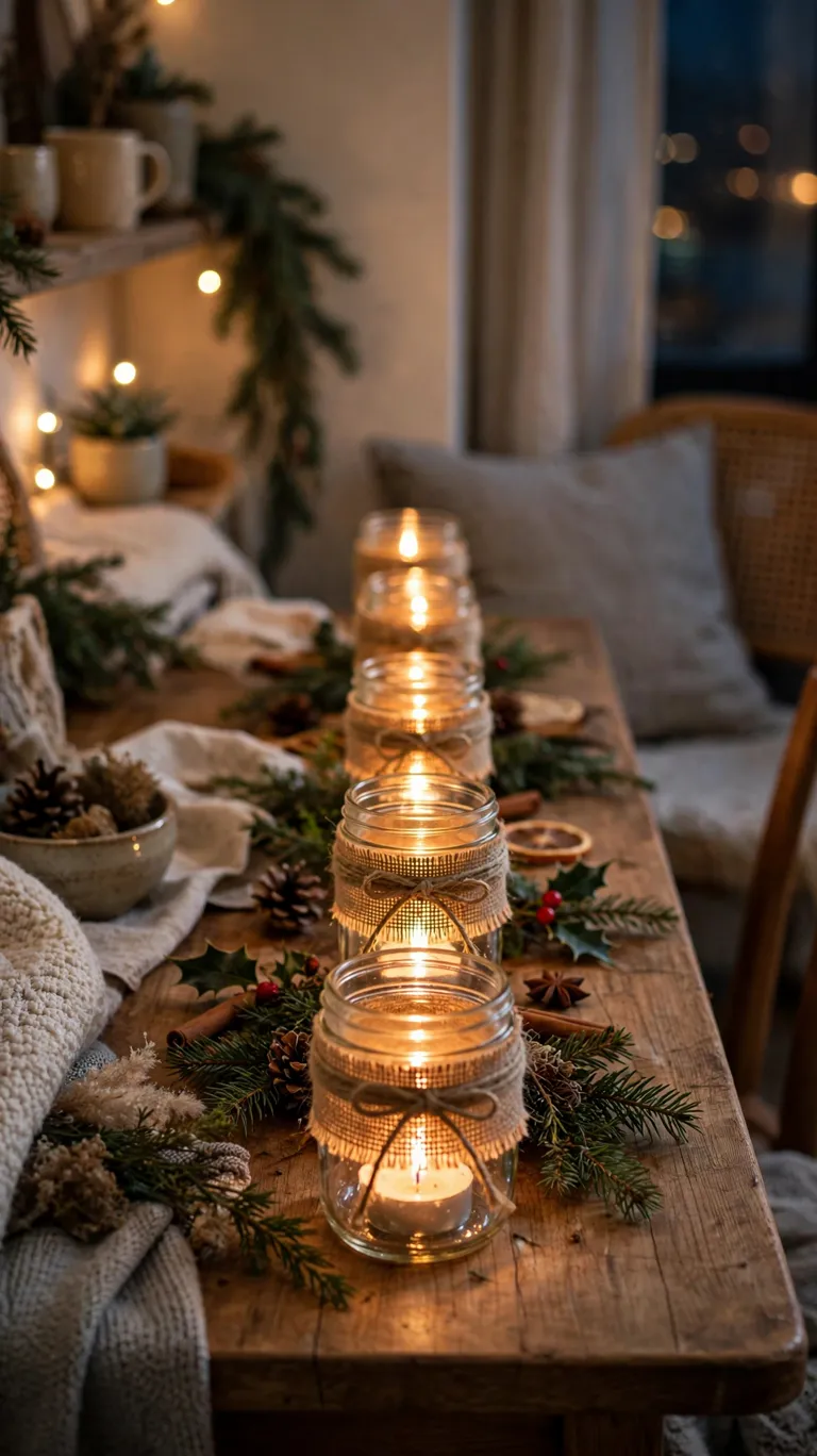 20 Beautiful Christmas Table Settings for Small Dining Spaces 9 Mason jars wrapped with twine holding glowing tea lights in a row on a small table