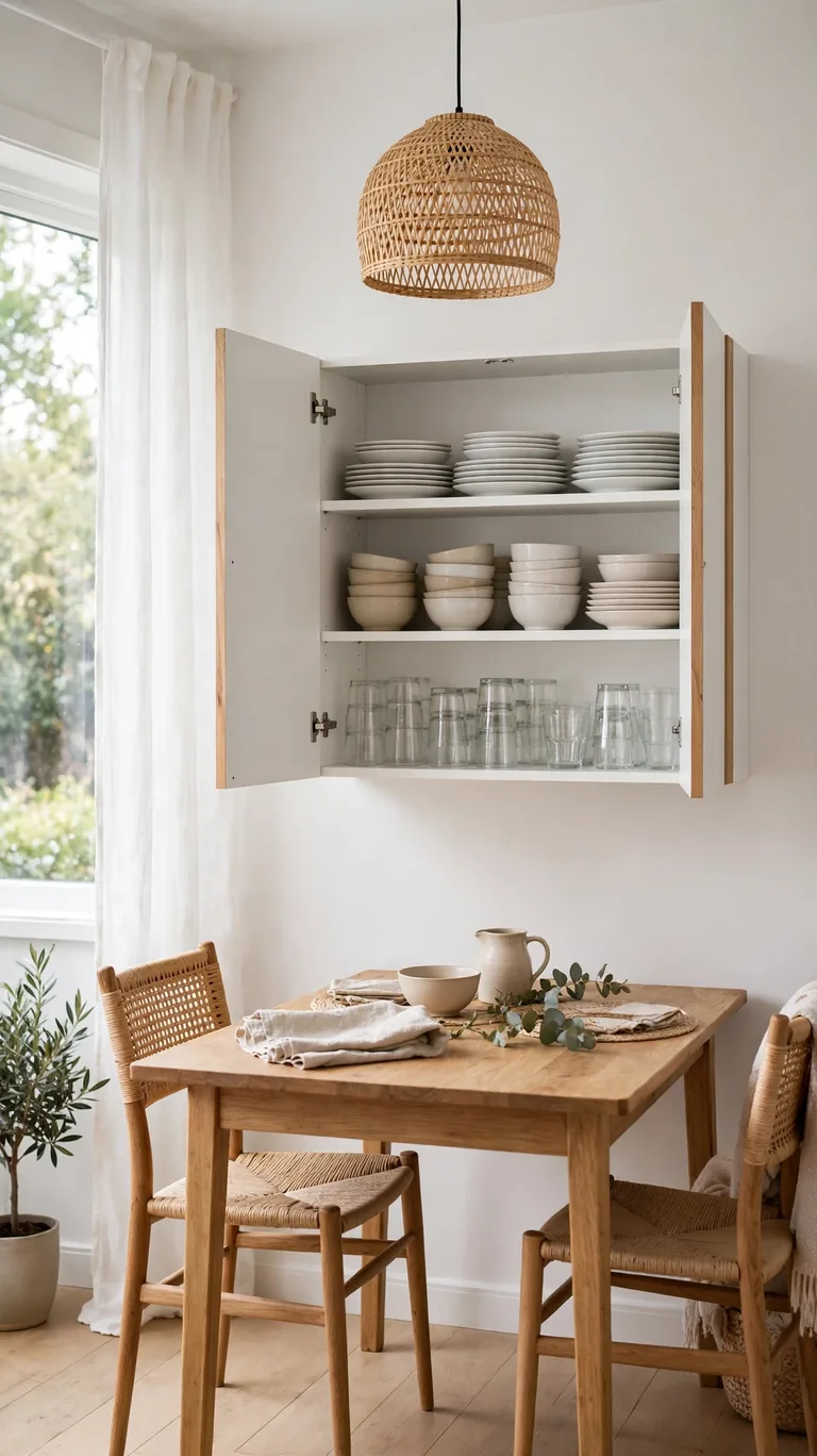 Shallow wall cabinet mounted above a dining table storing stacked plates, bowls and glasses